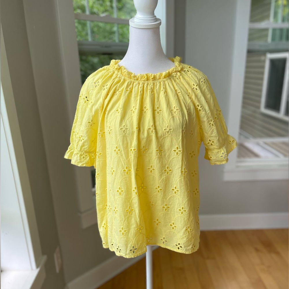 Croft & Barrow Petite Yellow Eyelet Lace Puff Sleeve Top Size Large